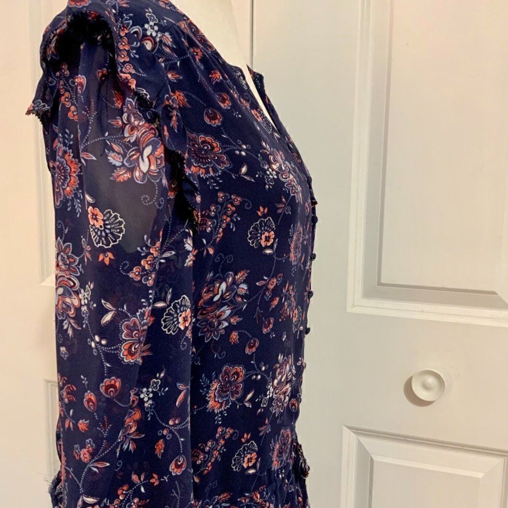 Joie Silk Blue Pink Floral Long Sleeve Drop Waist Tunic Mini Dress Small - Picture 4 of 12